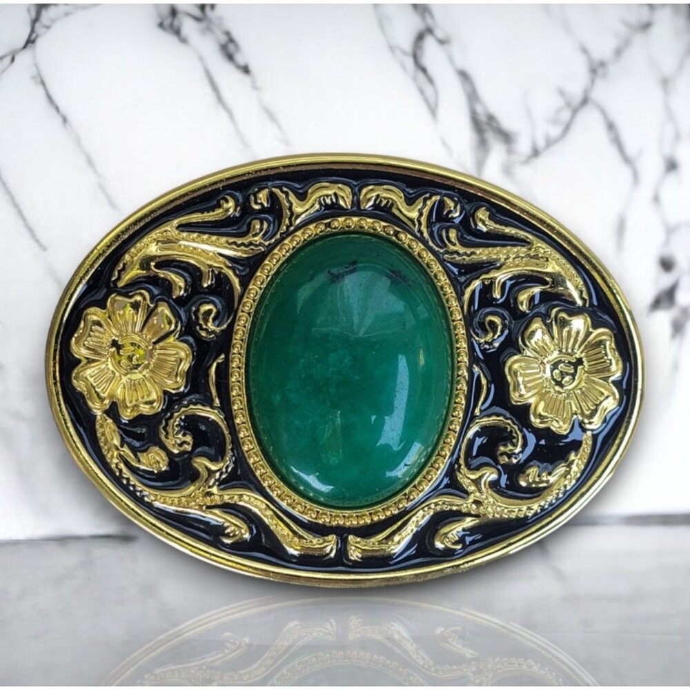Western Black And Gold Metal Belt Buckle  | Jade Oval Shape Jade Belt Buckle